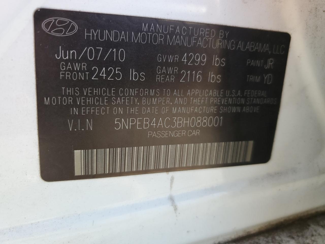 2011 Hyundai Sonata VIN 5NPEB4AC3BH088001 Copart auction photo, side / minor dent/scratches damage thumbnail 14
