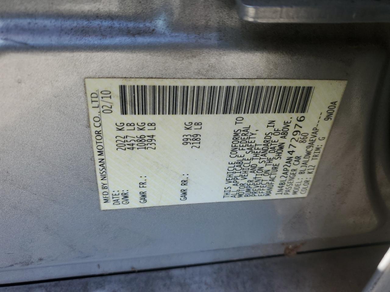 2010 Nissan Altima VIN 1N4BL2AP2AN472976 Copart auction photo, rear end damage thumbnail 12