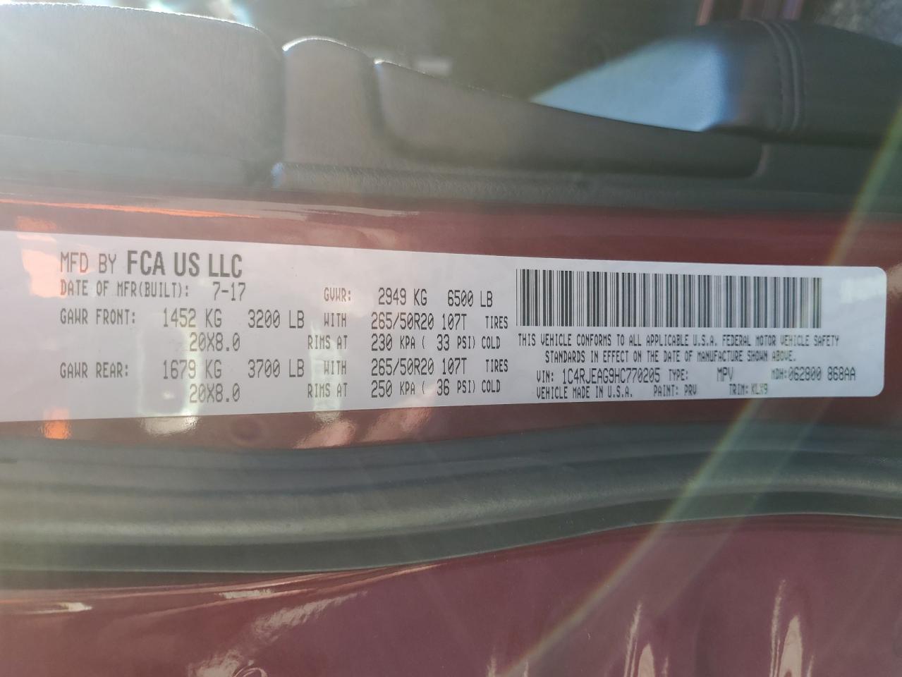2017 Jeep Grand Cherokee VIN 1C4RJEAG9HC770205 Copart auction photo, all over damage thumbnail 15