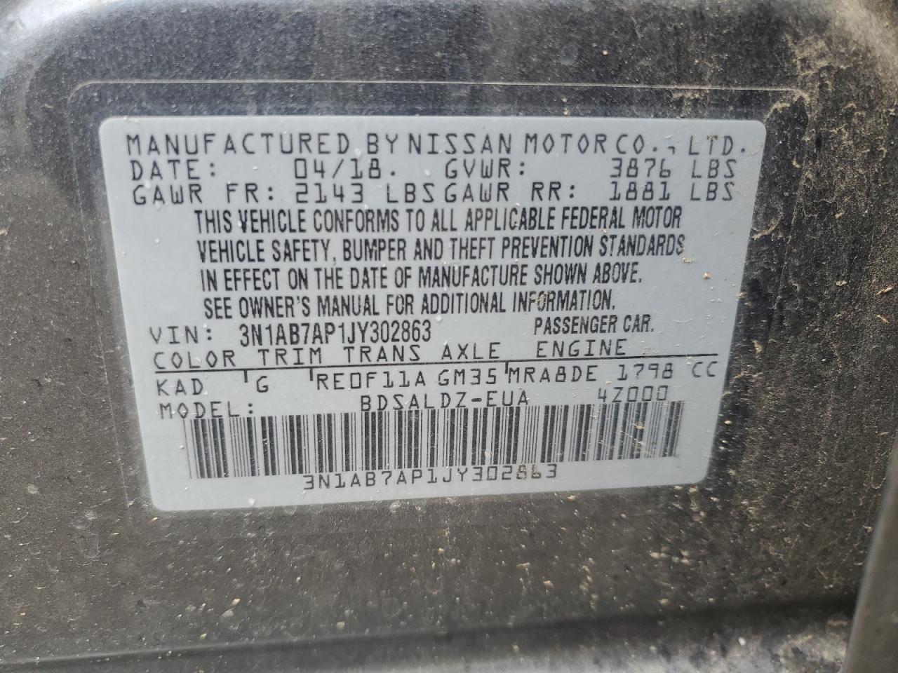 2018 Nissan Sentra VIN 3N1AB7AP1JY302863 Copart auction photo, stripped damage thumbnail 12