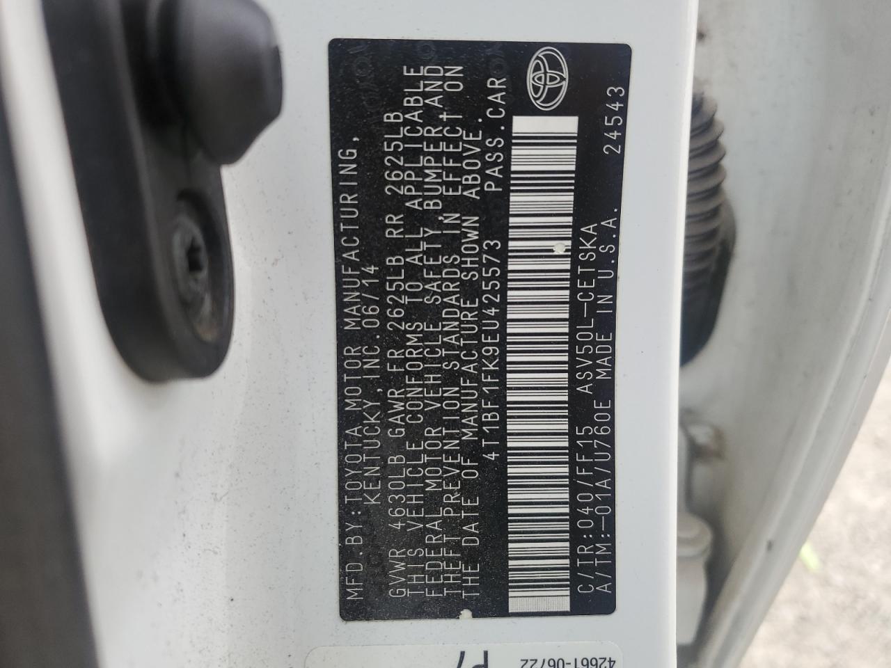 2014 Toyota Camry VIN 4T1BF1FK9EU425573 Copart auction photo, front end damage thumbnail 14
