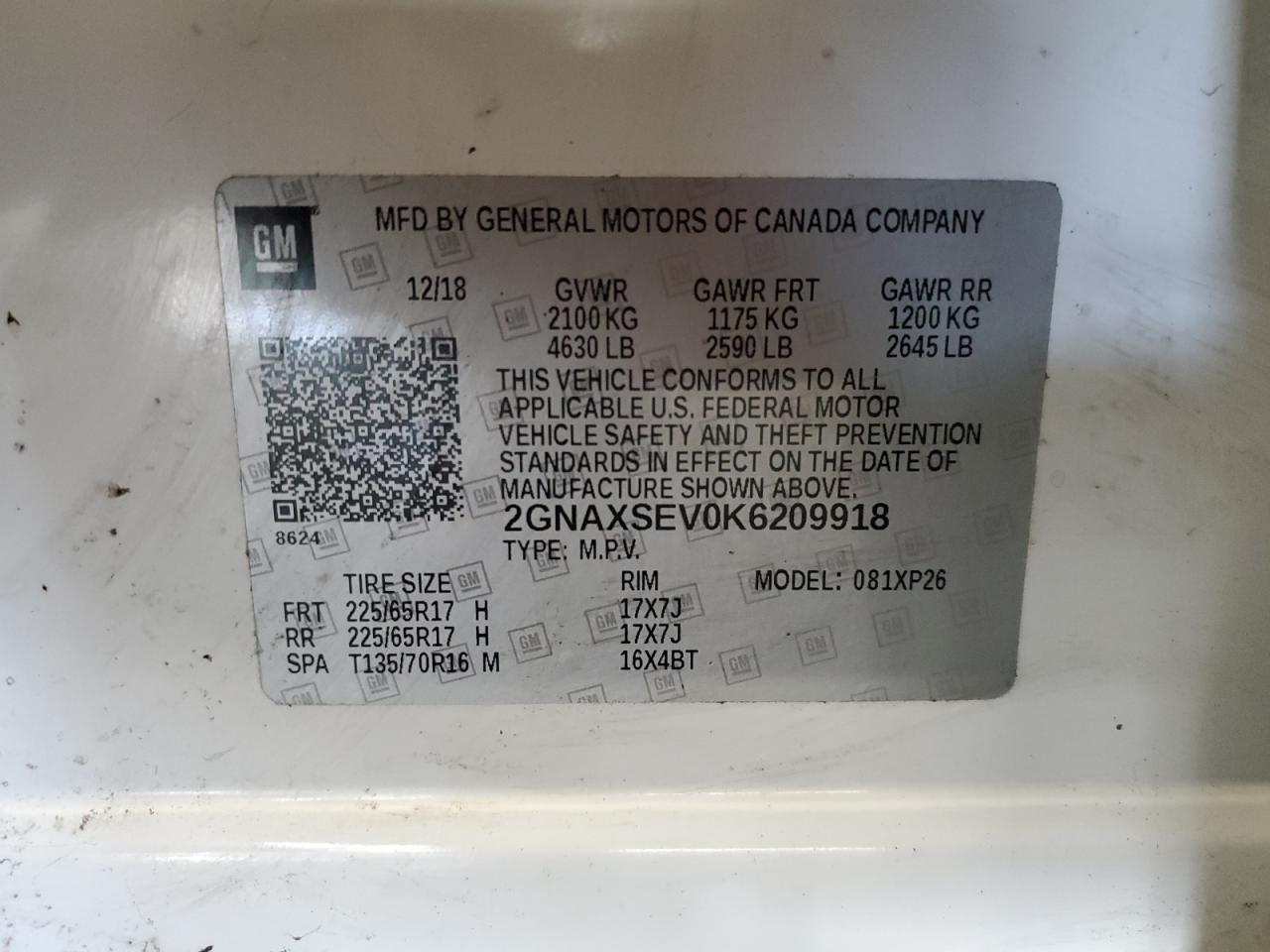 2019 Chevrolet Equinox VIN 2GNAXSEV0K6209918 Copart auction photo, rear end / mechanical damage thumbnail 13