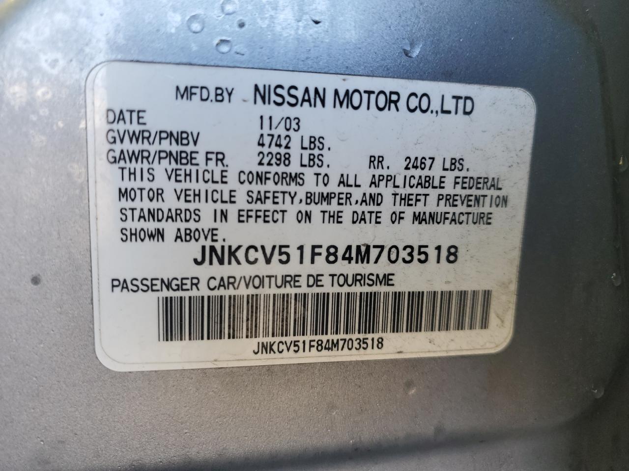 2004 Infiniti G VIN JNKCV51F84M703518 Copart auction photo, front end damage thumbnail 12