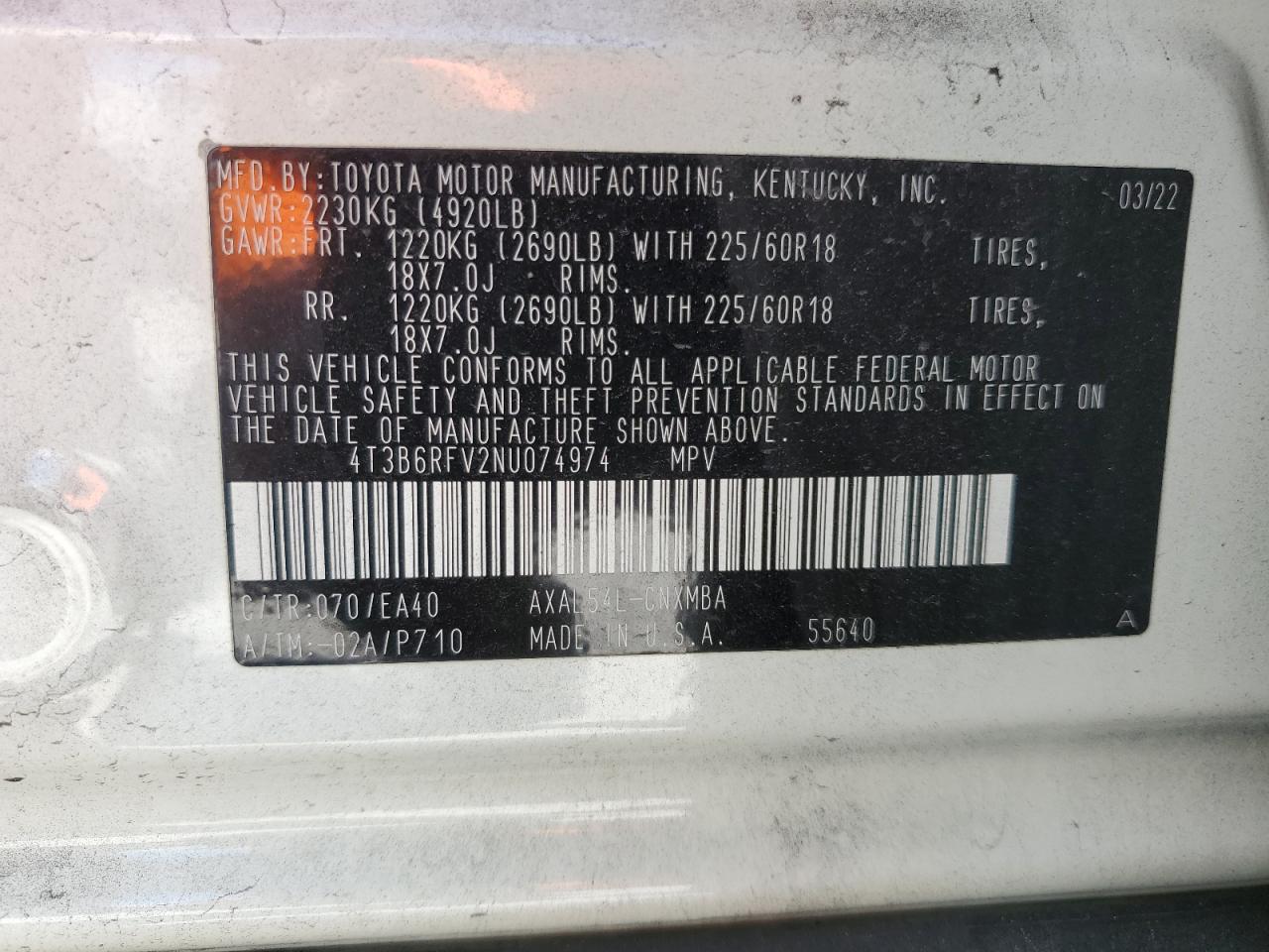 2022 Toyota RAV 4 VIN 4T3B6RFV2NU074974 Copart auction photo, front end / rear end damage thumbnail 12