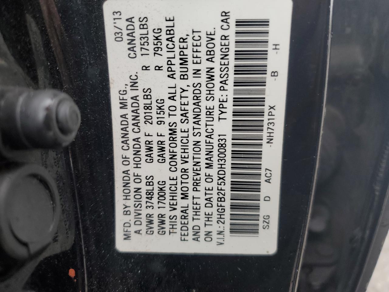 2013 Honda Civic VIN 2HGFB2F5XDH300831 Copart auction photo, front end / side damage thumbnail 12