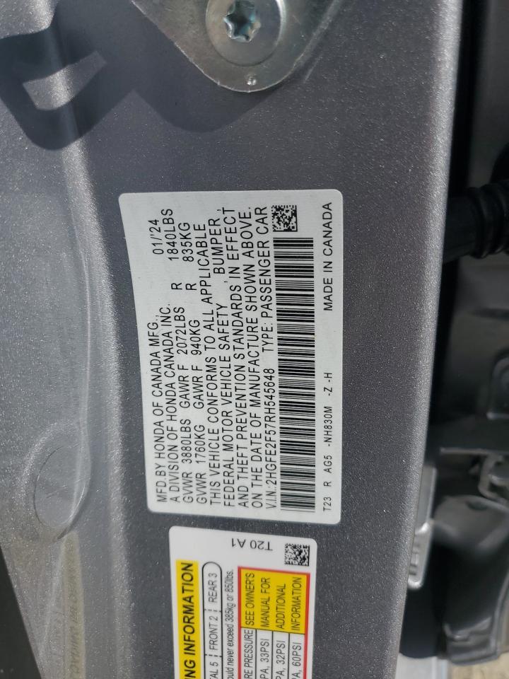 2024 Honda Civic VIN 2HGFE2F57RH545648 Copart auction photo, front end / side damage thumbnail 13