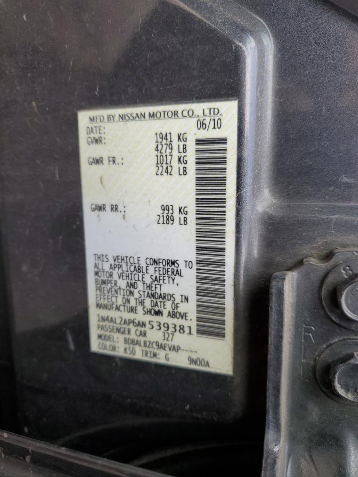 2010 Nissan Altima VIN 1N4AL2AP6AN539381 Copart auction photo, front end / side damage thumbnail 14