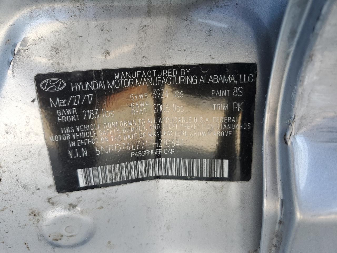 2017 Hyundai Elantra VIN 5NPD74LF7HH210341 Copart auction photo, side / minor dent/scratches damage thumbnail 14