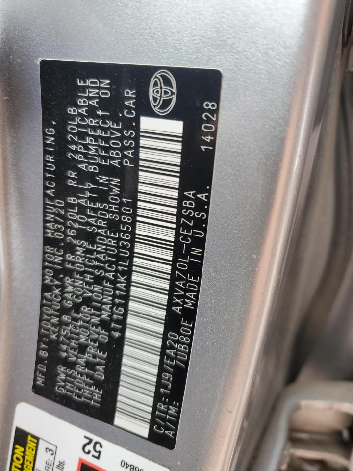 2020 Toyota Camry VIN 4T1G11AK1LU365801 Copart auction photo, front end damage thumbnail 14