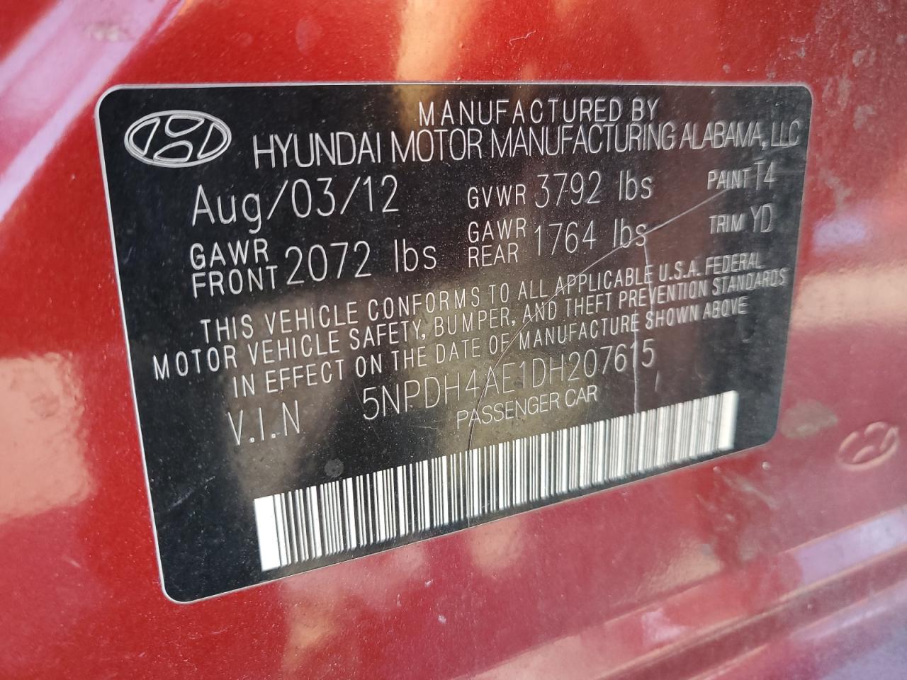 2013 Hyundai Elantra VIN 5NPDH4AE1DH207615 Copart auction photo, front end / side damage thumbnail 12
