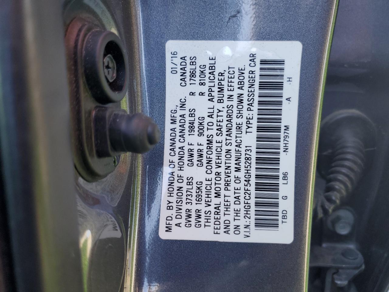 2016 Honda Civic VIN 2HGFC2F54GH528731 Copart auction photo, front end / mechanical damage thumbnail 14