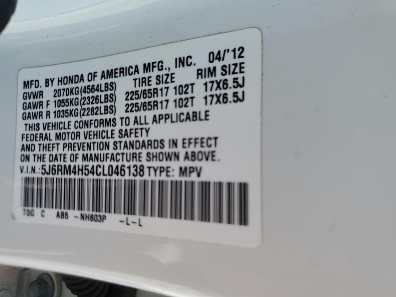 2012 Honda CR-V VIN 5J6RM4H54CL046138 Copart auction photo, front end / side damage thumbnail 14