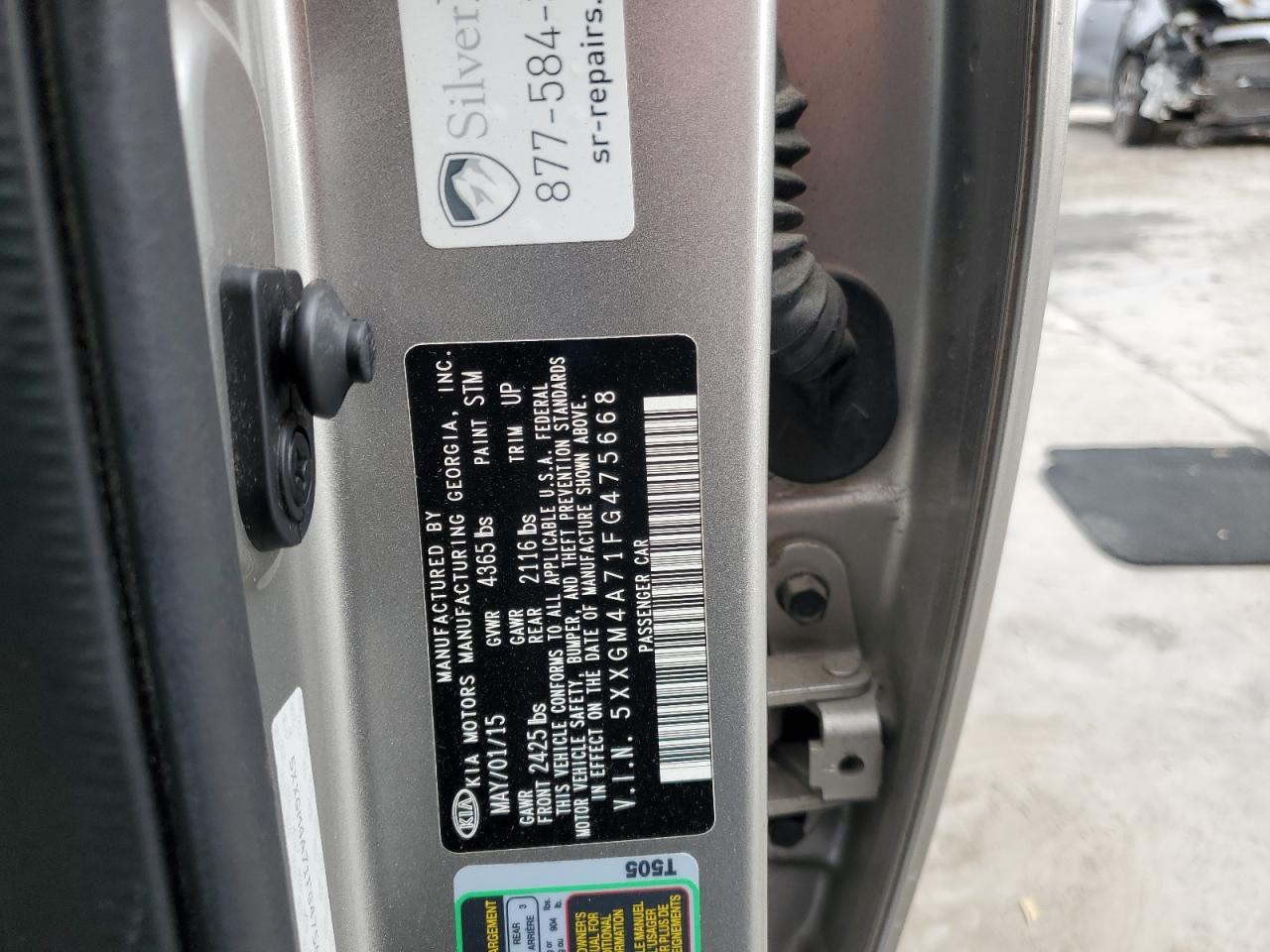 2015 KIA Optima VIN 5XXGM4A71FG475668 Copart auction photo, front end damage thumbnail 12