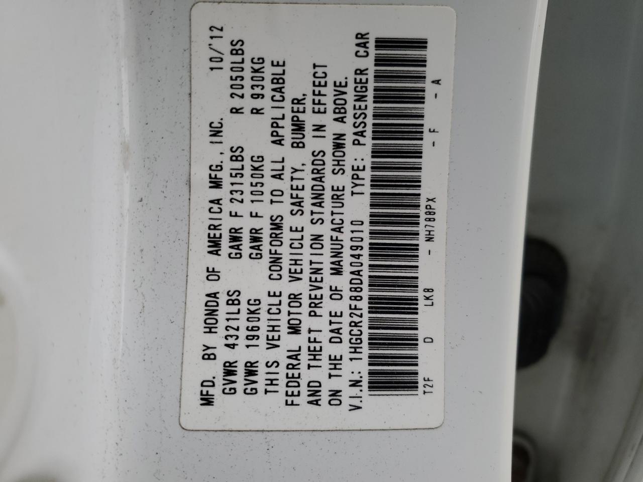 2013 Honda Accord VIN 1HGCR2F88DA049010 Copart auction photo, front end damage thumbnail 12
