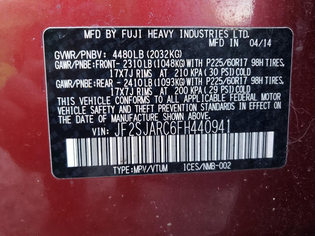 2015 Subaru Forester VIN JF2SJARC6FH440941 Copart auction photo, front end / side damage thumbnail 13