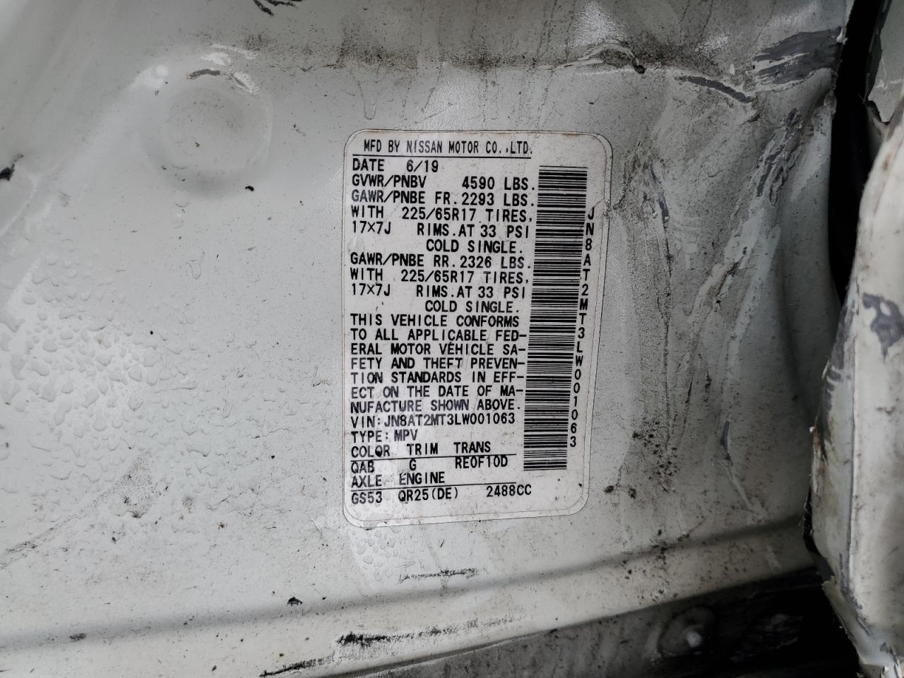 2020 Nissan Rogue VIN JN8AT2MT3LW001063 Copart auction photo, all over damage thumbnail 16
