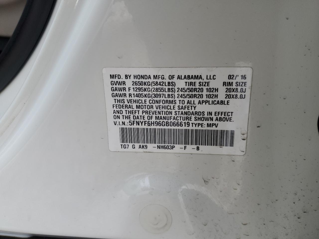 2016 Honda Pilot VIN 5FNYF6H96GB066619 Copart auction photo, rear end / front end damage thumbnail 13
