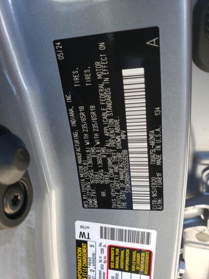 2024 Toyota Highlander VIN 5TDKDRBH7RS559298 Copart auction photo, front end damage thumbnail 16