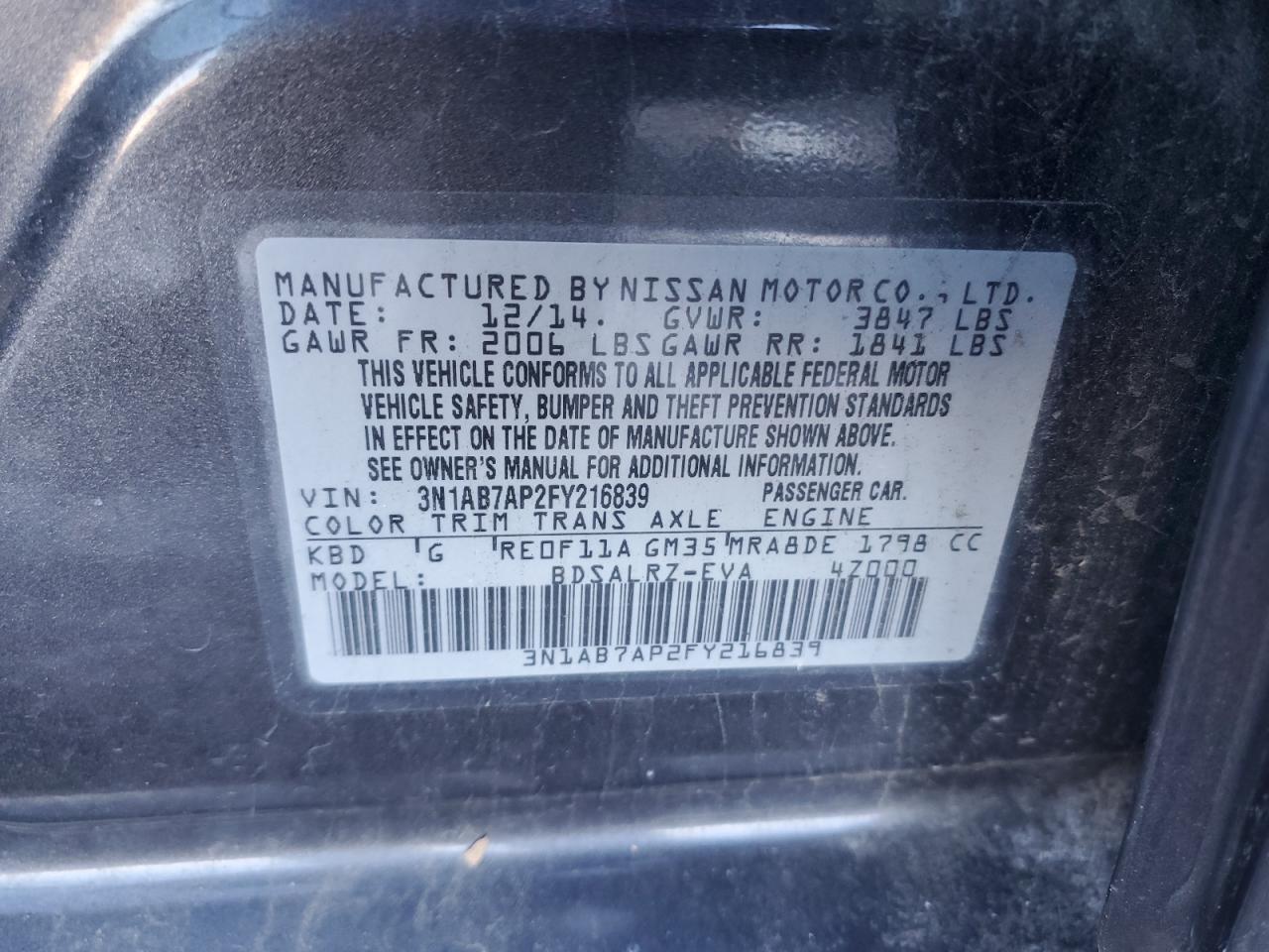 2015 Nissan Sentra VIN 3N1AB7AP2FY216839 Copart auction photo, front end / minor dent/scratches damage thumbnail 14