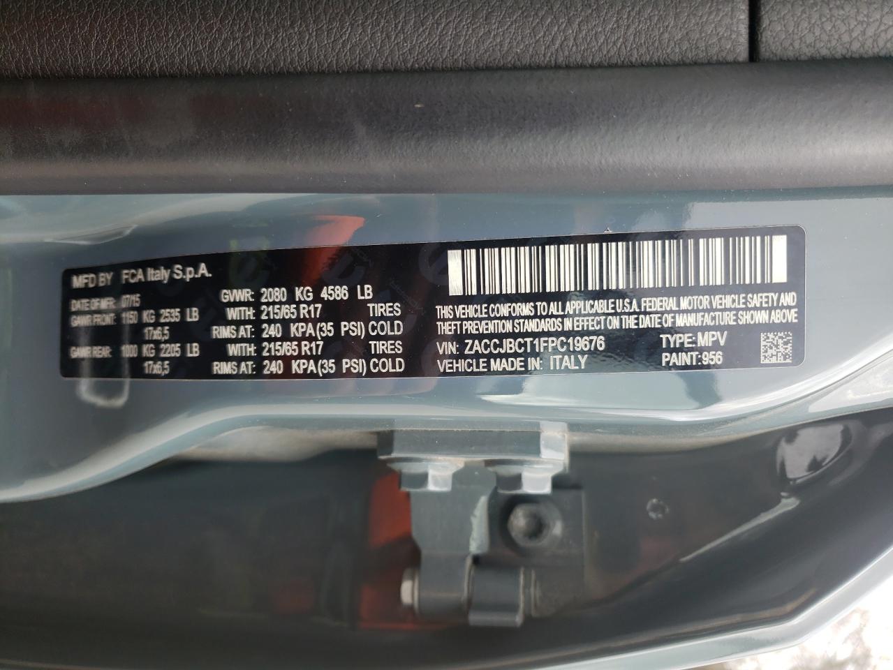 2015 Jeep Renegade VIN ZACCJBCT1FPC19676 Copart auction photo, front end / undercarriage damage thumbnail 14