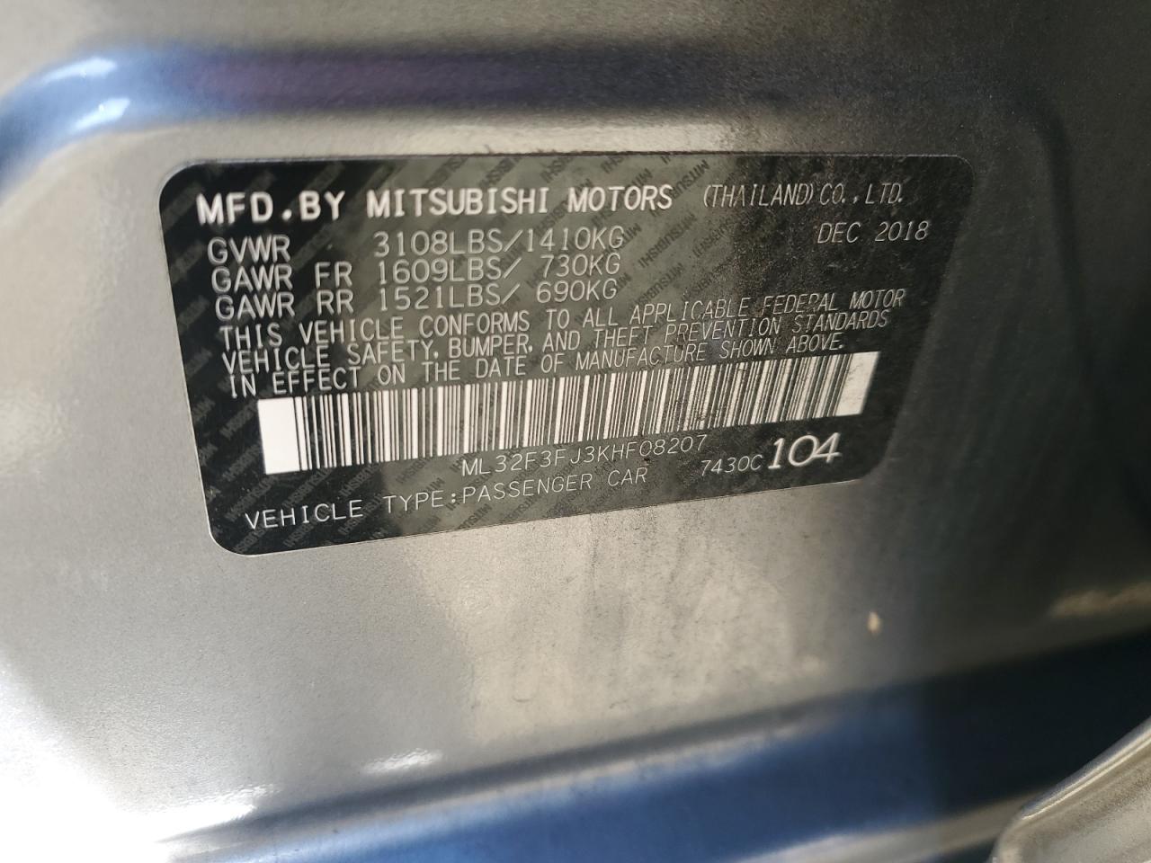 2019 Mitsubishi Mirage VIN ML32F3FJ3KHF08207 Copart auction photo, front end / undercarriage damage thumbnail 12