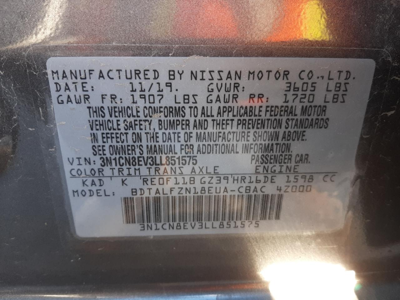 2020 Nissan Versa VIN 3N1CN8EV3LL851575 Copart auction photo, front end damage thumbnail 10