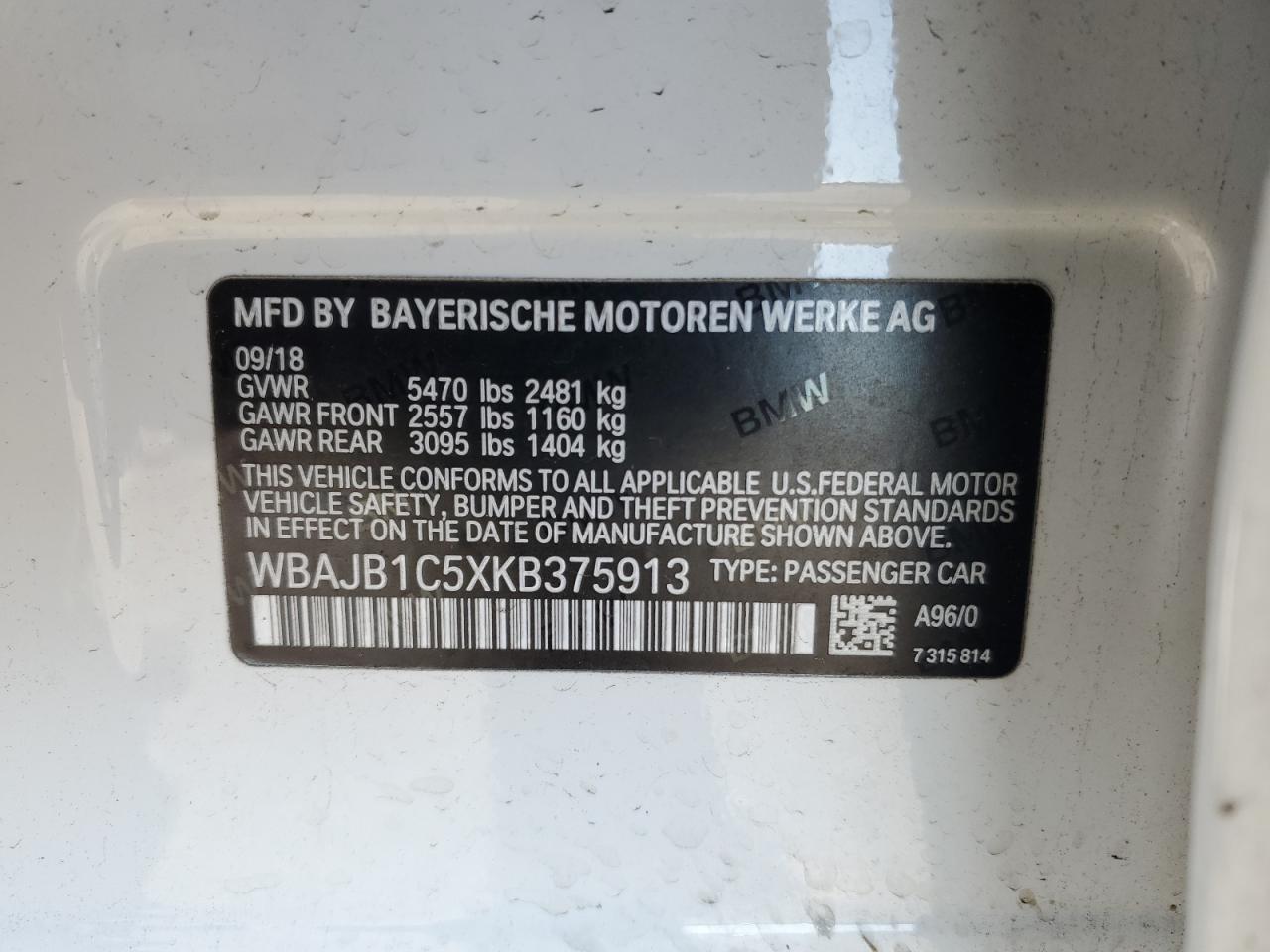 2019 BMW 5er VIN WBAJB1C5XKB375913 Copart auction photo, front end / minor dent/scratches damage thumbnail 14