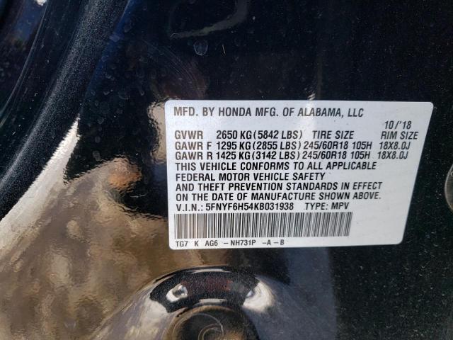 2019 Honda Pilot VIN 5FNYF6H54KB031938 Copart auction photo, side / front end damage thumbnail 13