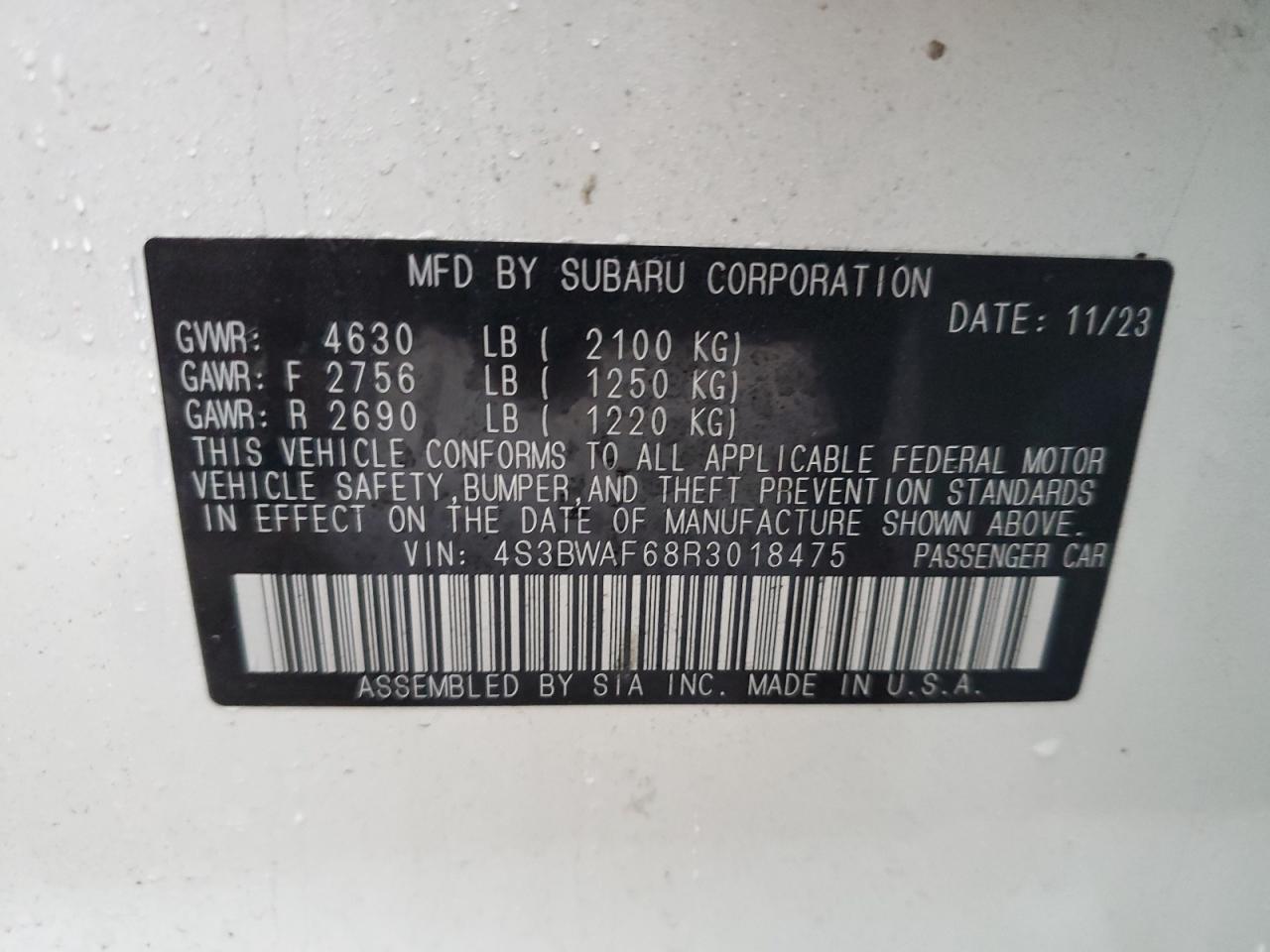 2024 Subaru Legacy VIN 4S3BWAF68R3018475 Copart auction photo, front end damage thumbnail 12