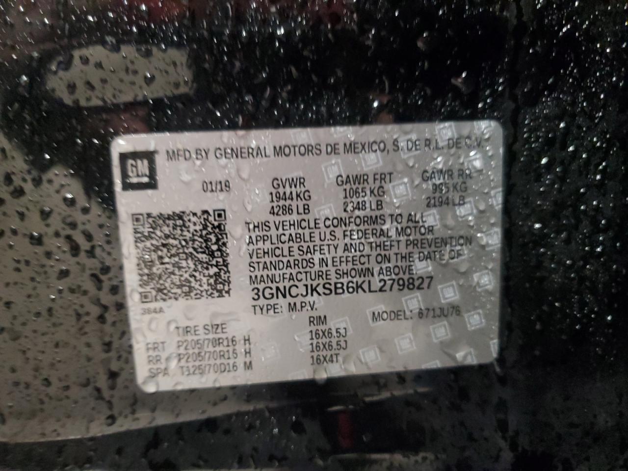 2019 Chevrolet Trax VIN 3GNCJKSB6KL279827 Copart auction photo, front end / side damage thumbnail 13