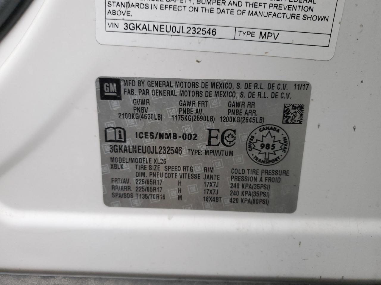 2018 GMC Terrain VIN 3GKALNEU0JL232546 Copart auction photo, rear end damage thumbnail 13