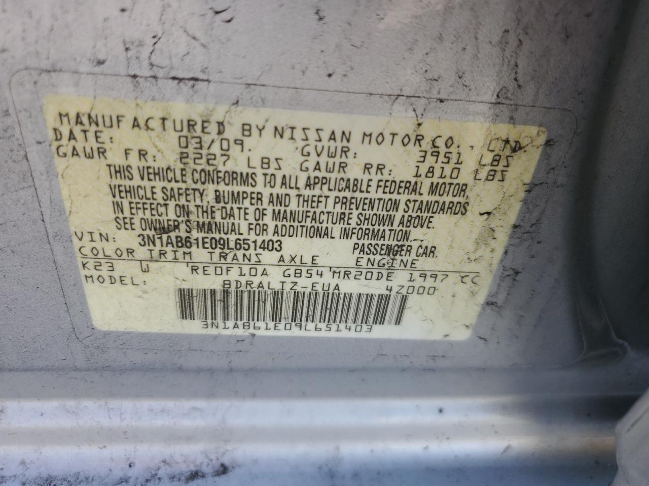 2009 Nissan Sentra VIN 3N1AB61E09L651403 Copart auction photo, rear end / minor dent/scratches damage thumbnail 13