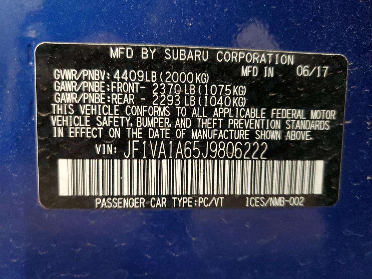 2018 Subaru WRX VIN JF1VA1A65J9806222 Copart auction photo, rear end / side damage thumbnail 12