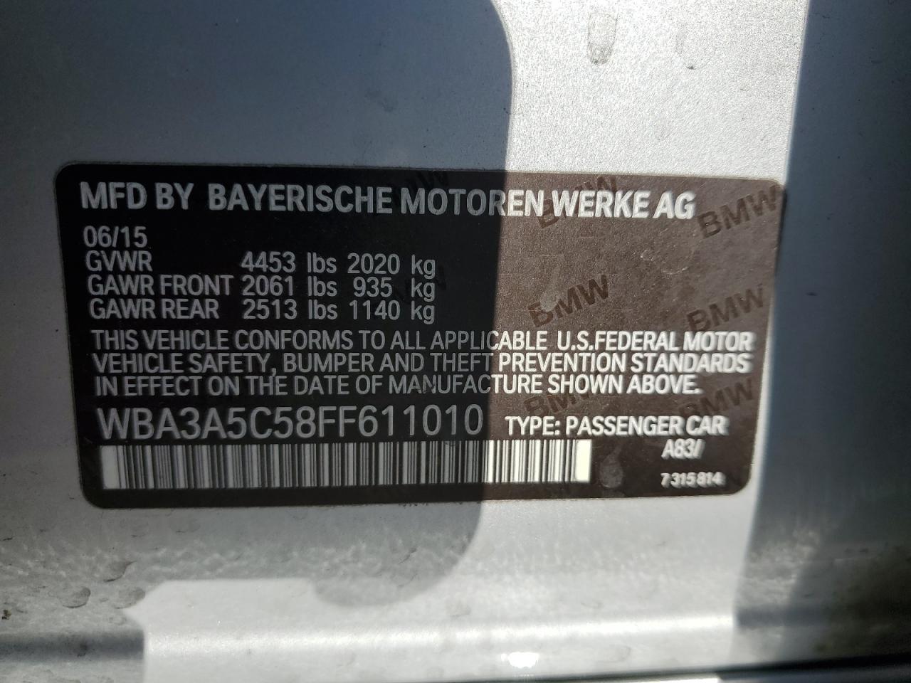 2015 BMW 3er VIN WBA3A5C58FF611010 Copart auction photo, side / rear end damage thumbnail 13