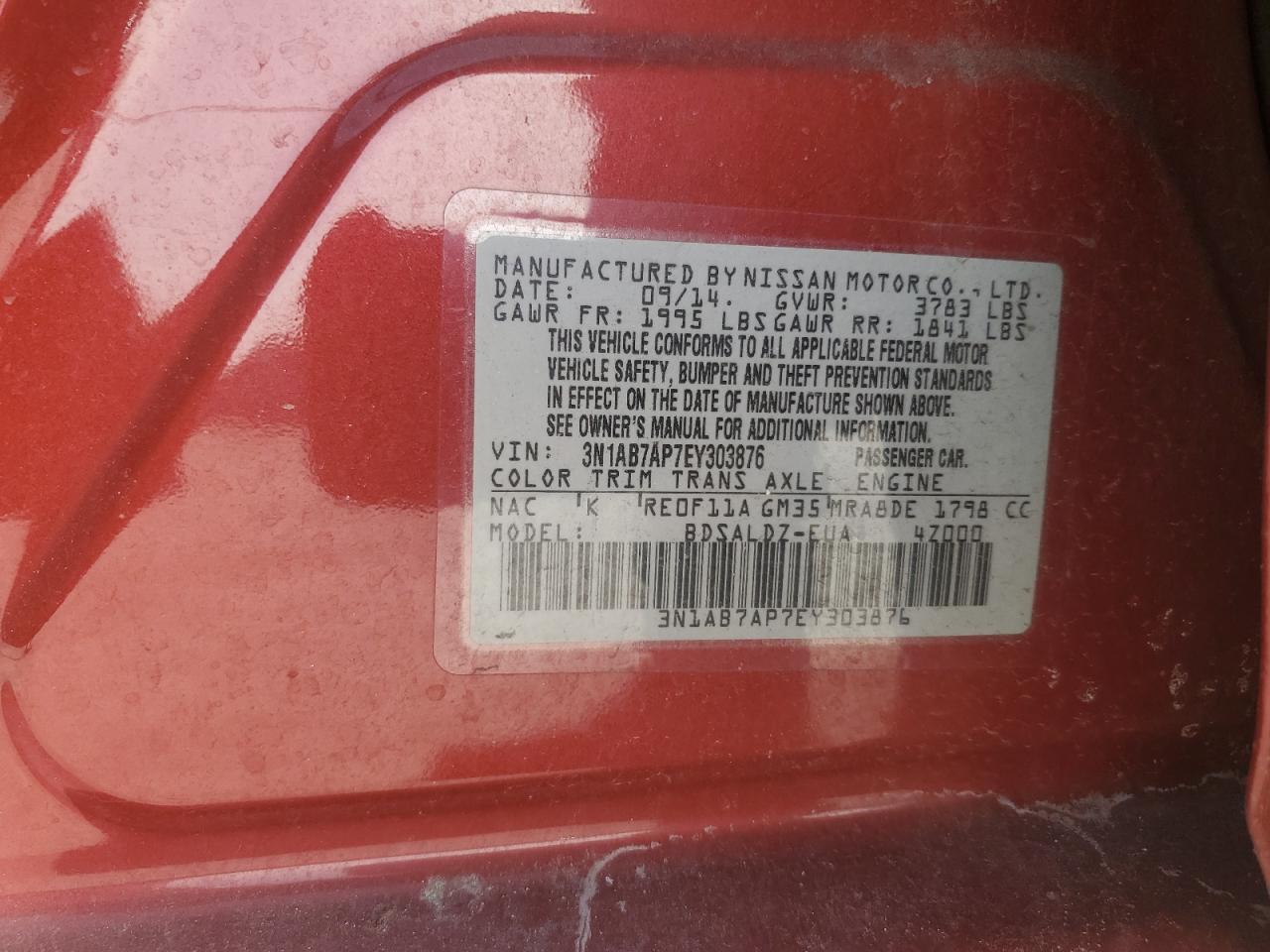 2014 Nissan Sentra VIN 3N1AB7AP7EY303876 Copart auction photo, front end damage thumbnail 13
