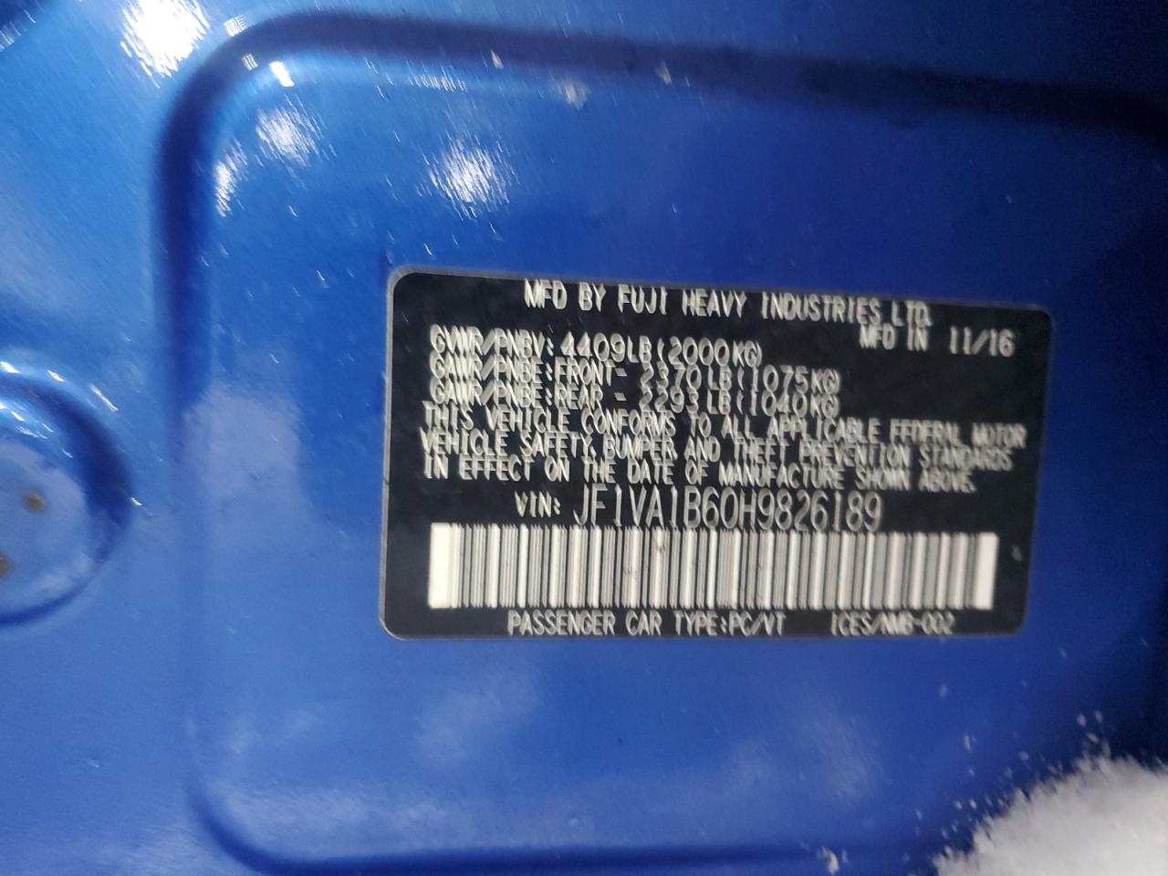 2017 Subaru WRX VIN JF1VA1B60H9826189 Copart auction photo, front end / minor dent/scratches damage thumbnail 12