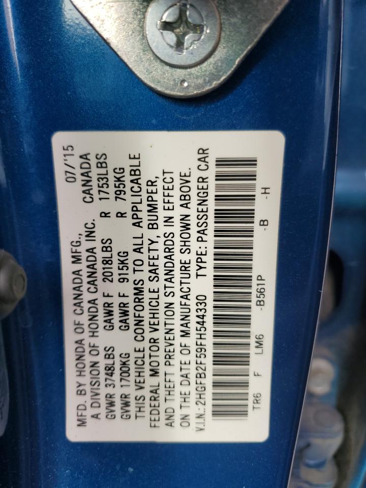 2015 Honda Civic VIN 2HGFB2F59FH544330 Copart auction photo, all over damage thumbnail 14