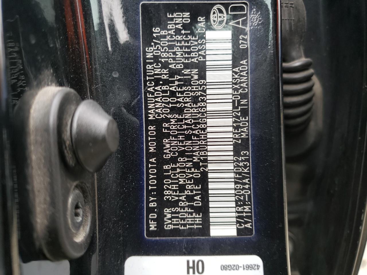 2016 Toyota Corolla VIN 2T1BURHE8GC683759 Copart auction photo, front end damage thumbnail 14