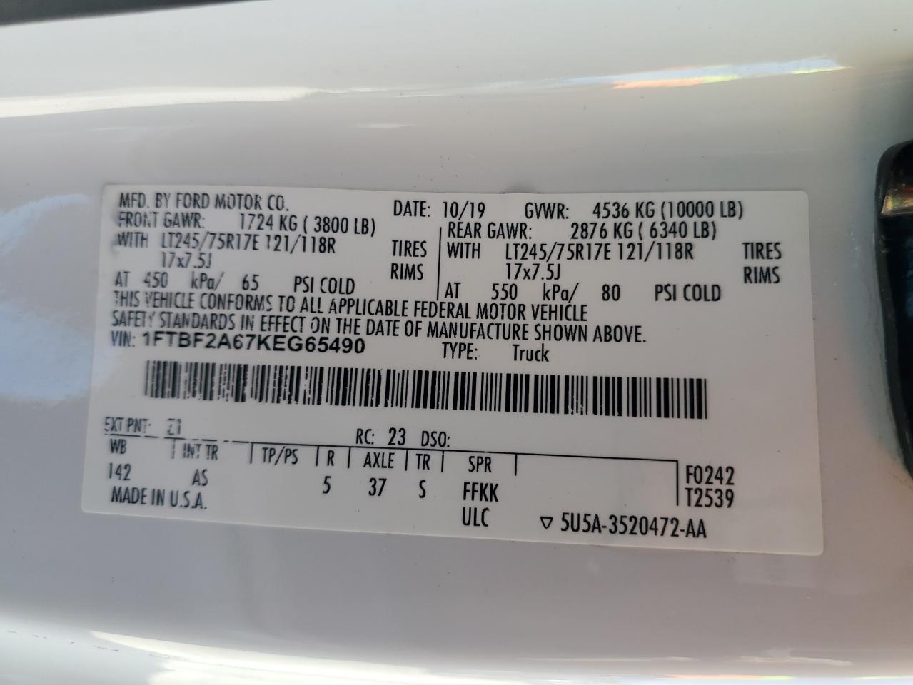 2019 Ford F250 VIN 1FTBF2A67KEG65490 Copart auction photo, front end / rear end damage thumbnail 13