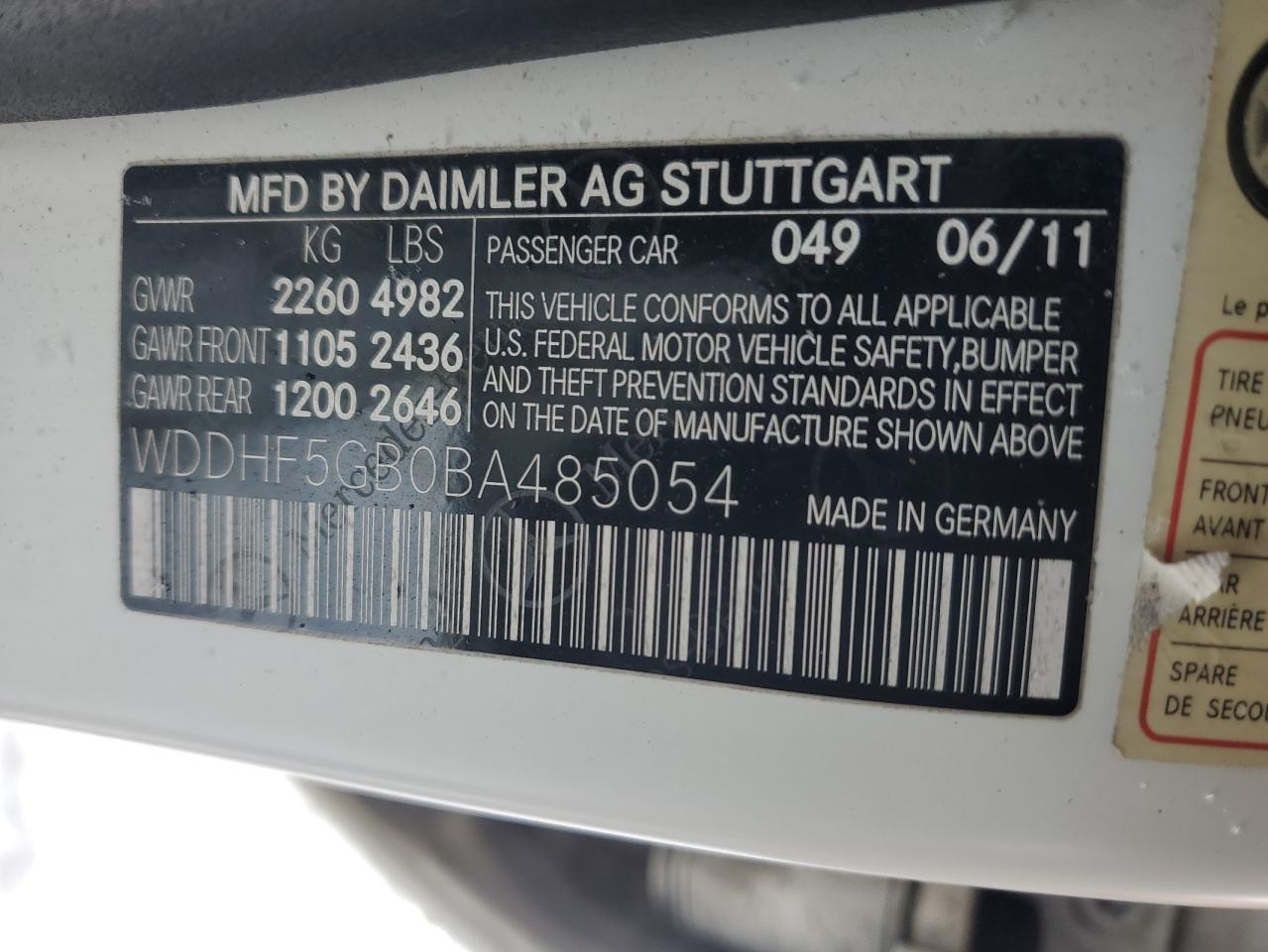 2011 Mercedes-Benz E-klasse VIN WDDHF5GB0BA485054 Copart auction photo, side damage thumbnail 12