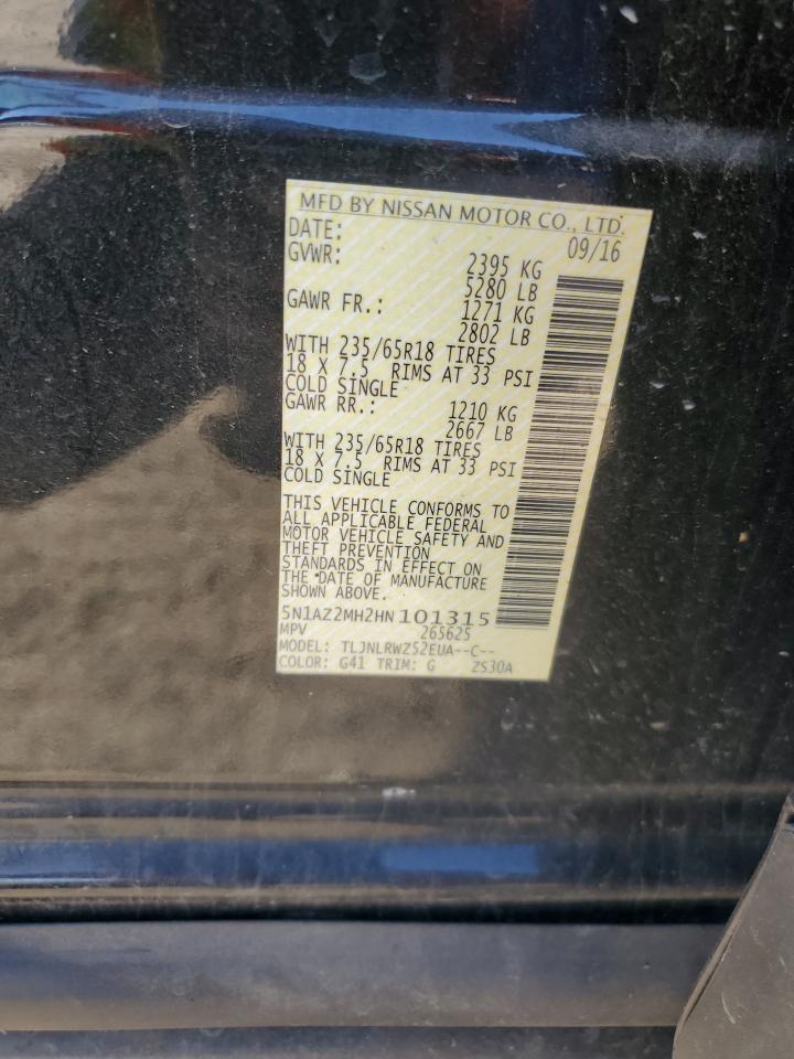 2017 Nissan Murano VIN 5N1AZ2MH2HN101315 Copart auction photo, front end damage thumbnail 15