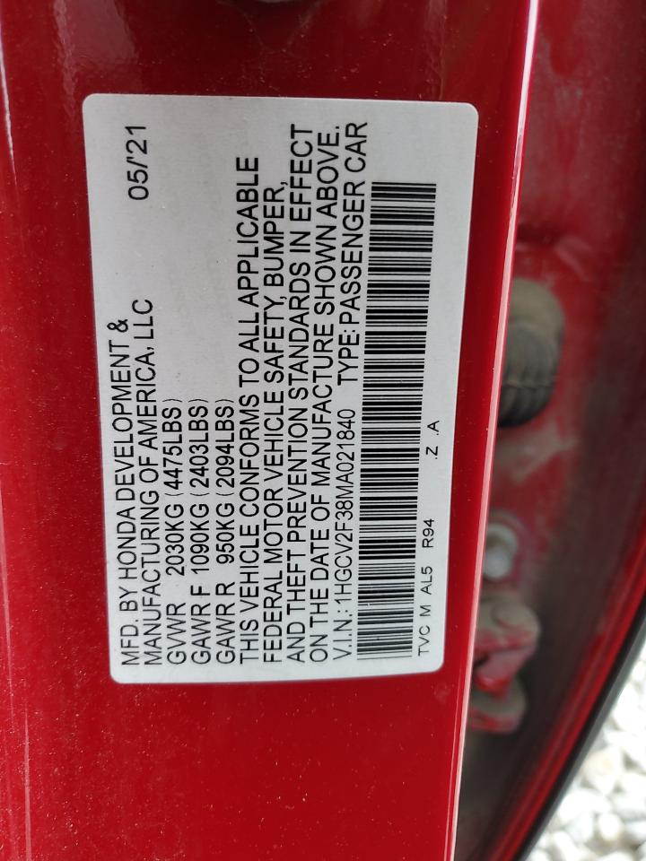 2021 Honda Accord VIN 1HGCV2F38MA021840 Copart auction photo, minor dent/scratches damage thumbnail 12