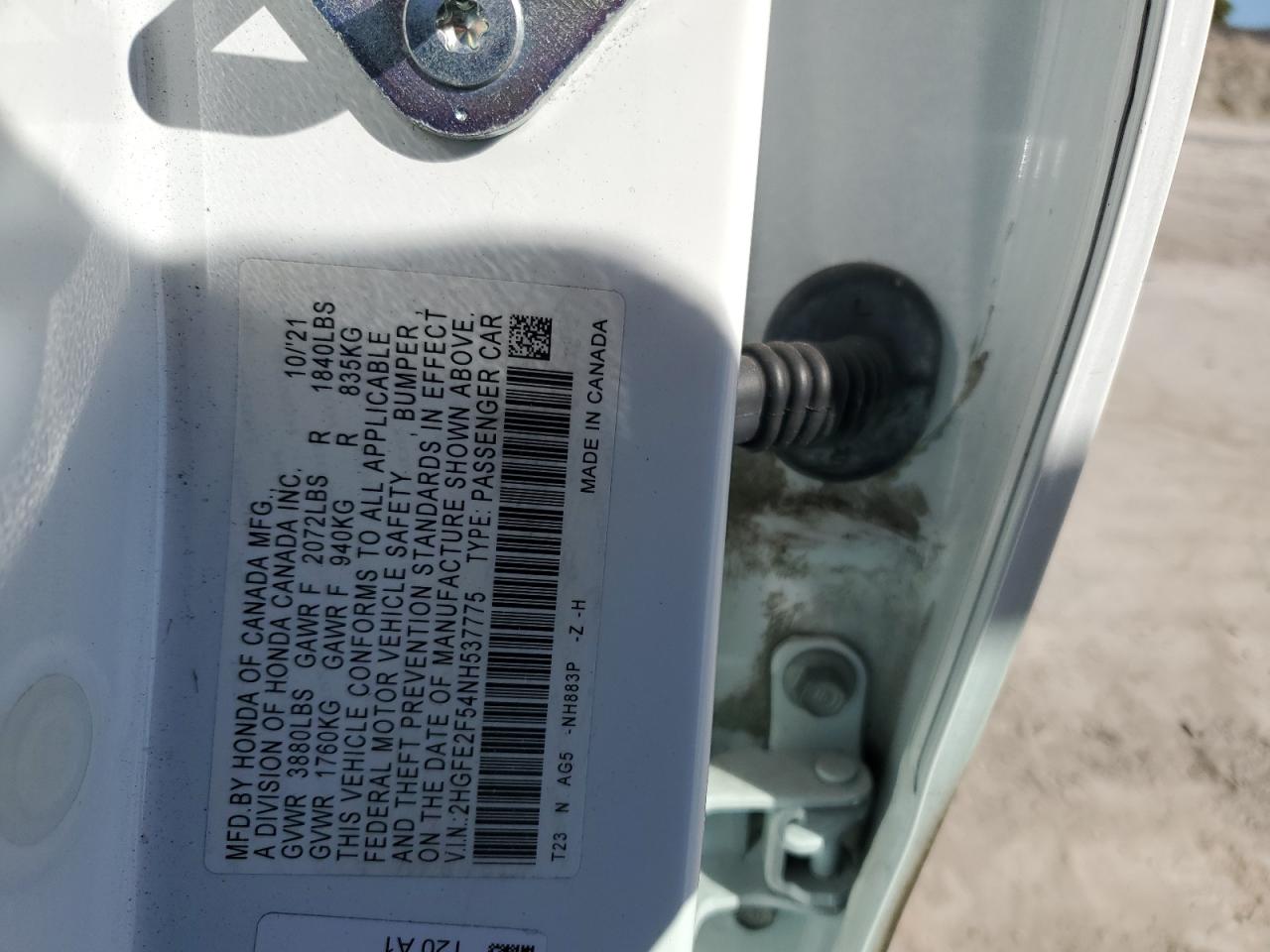 2022 Honda Civic VIN 2HGFE2F54NH537775 Copart auction photo, rear end damage thumbnail 12