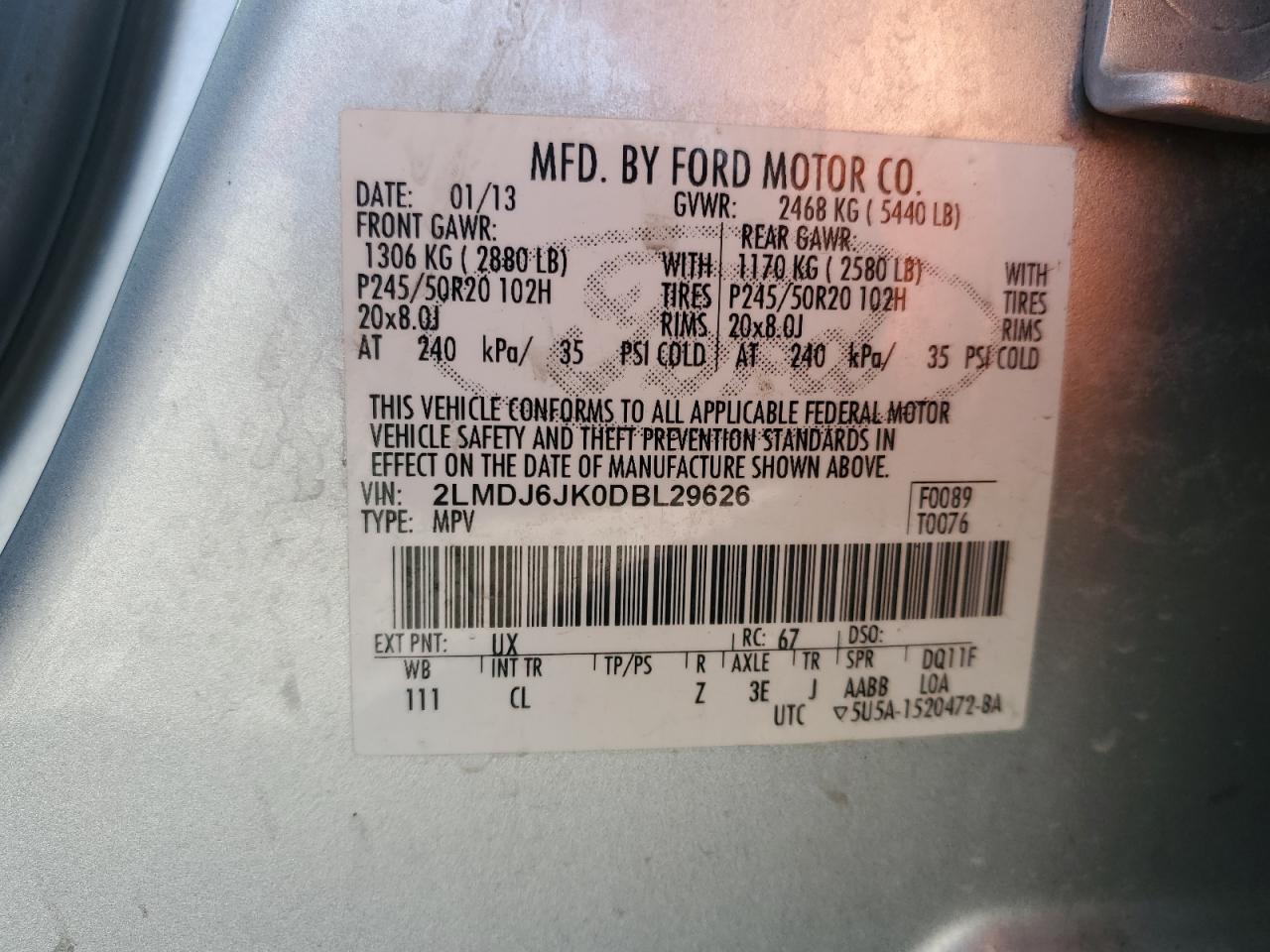 2013 Lincoln MKX VIN 2LMDJ6JK0DBL29626 Copart auction photo, front end damage thumbnail 15