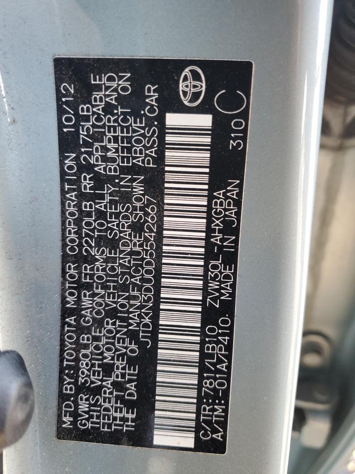 2013 Toyota Prius VIN JTDKN3DU0D5542667 Copart auction photo, front end / side damage thumbnail 14