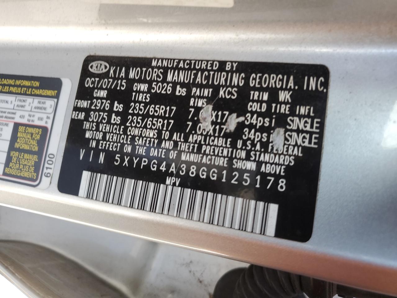 2016 KIA Sorento VIN 5XYPG4A38GG125178 Copart auction photo, rear end / undercarriage damage thumbnail 15
