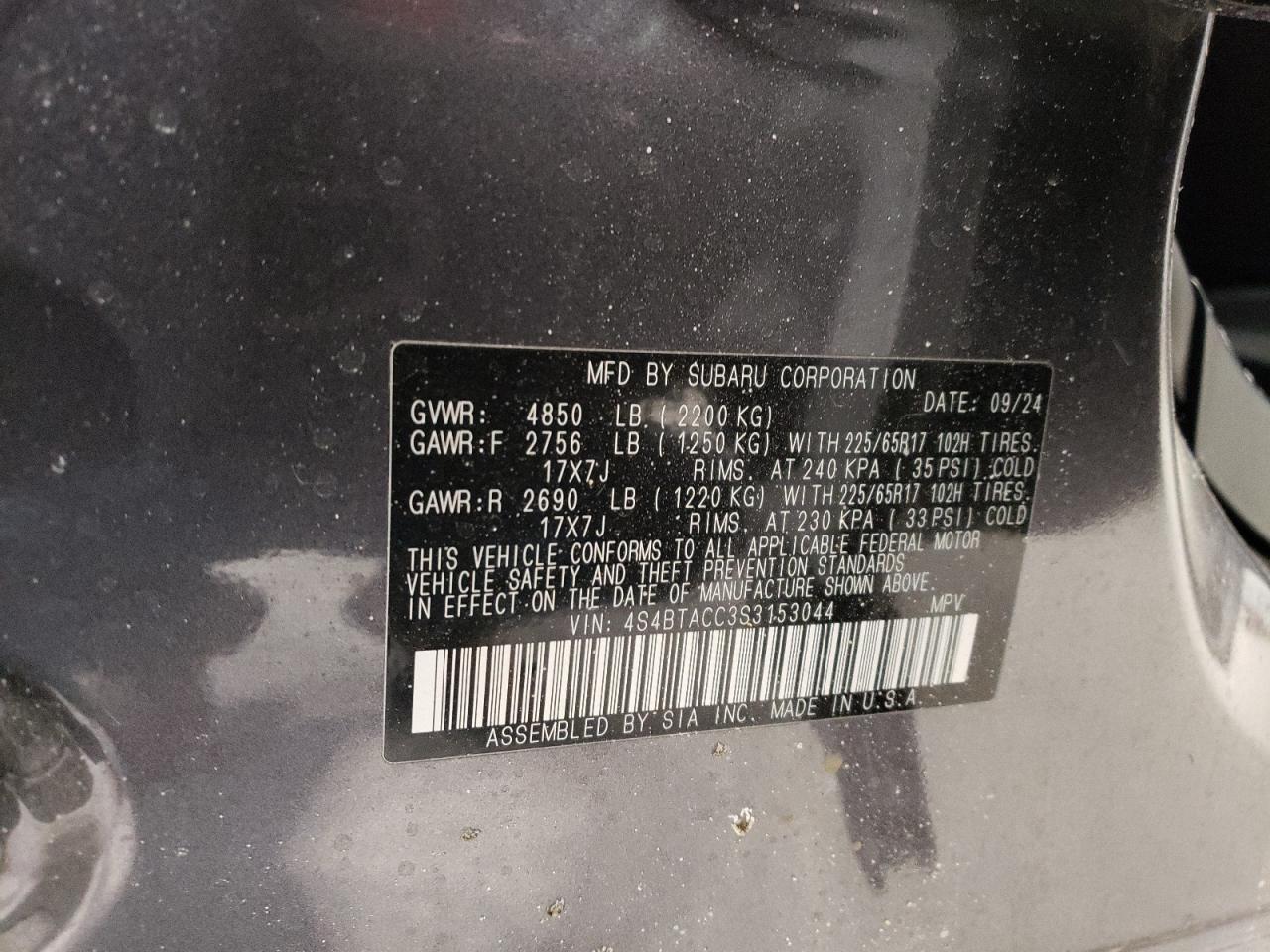 2025 Subaru Outback VIN 4S4BTACC3S3153044 Copart auction photo, front end / hail damage thumbnail 12