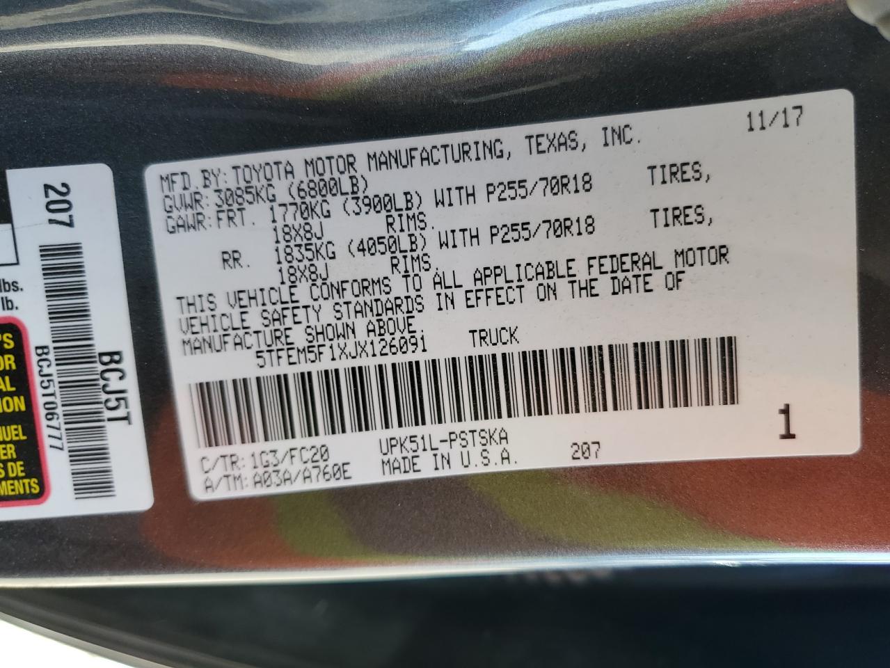 2018 Toyota Tundra VIN 5TFEM5F1XJX126091 Copart auction photo, rear end / side damage thumbnail 12