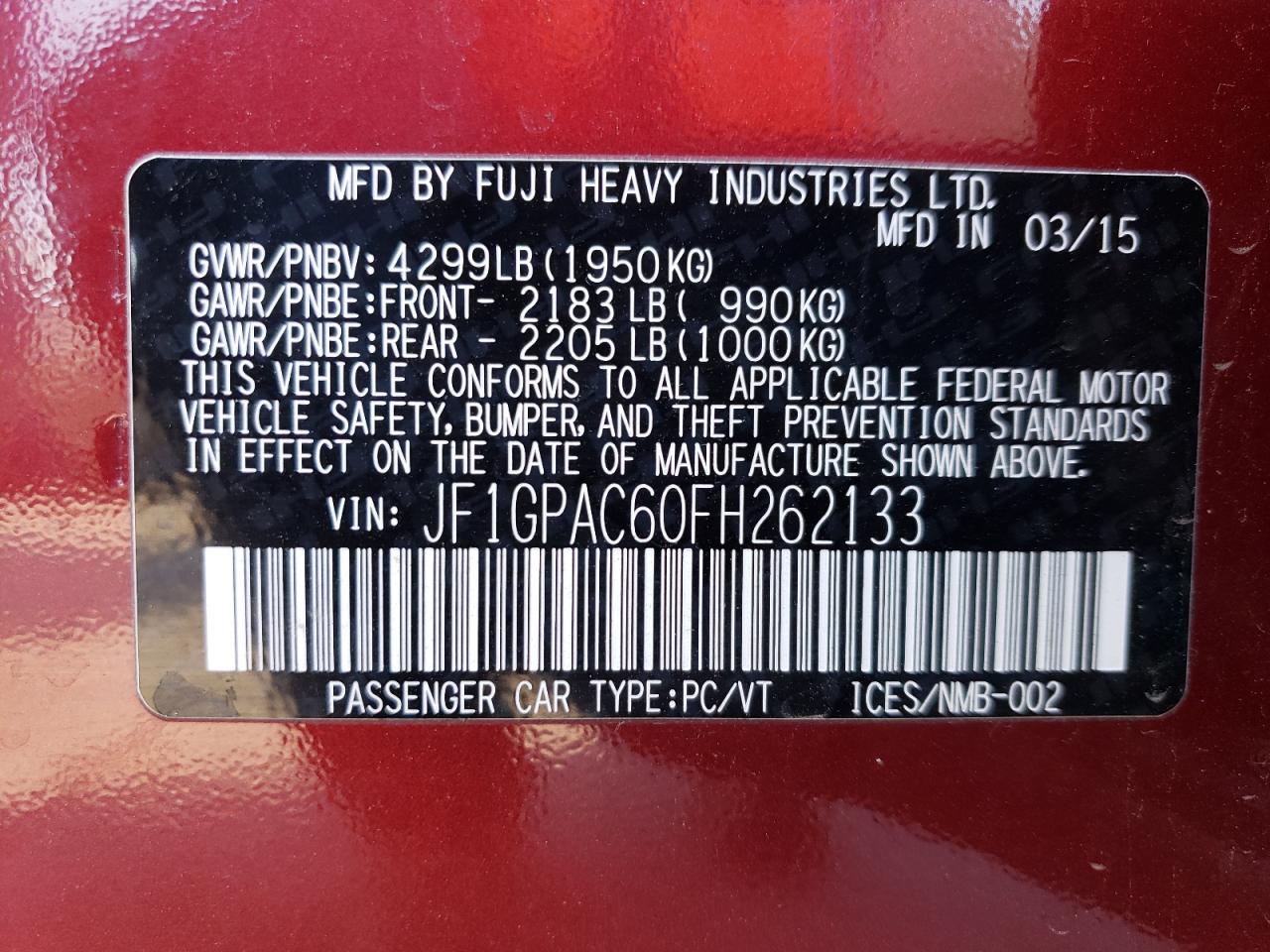 2015 Subaru Impreza VIN JF1GPAC60FH262133 Copart auction photo, front end / hail damage thumbnail 14