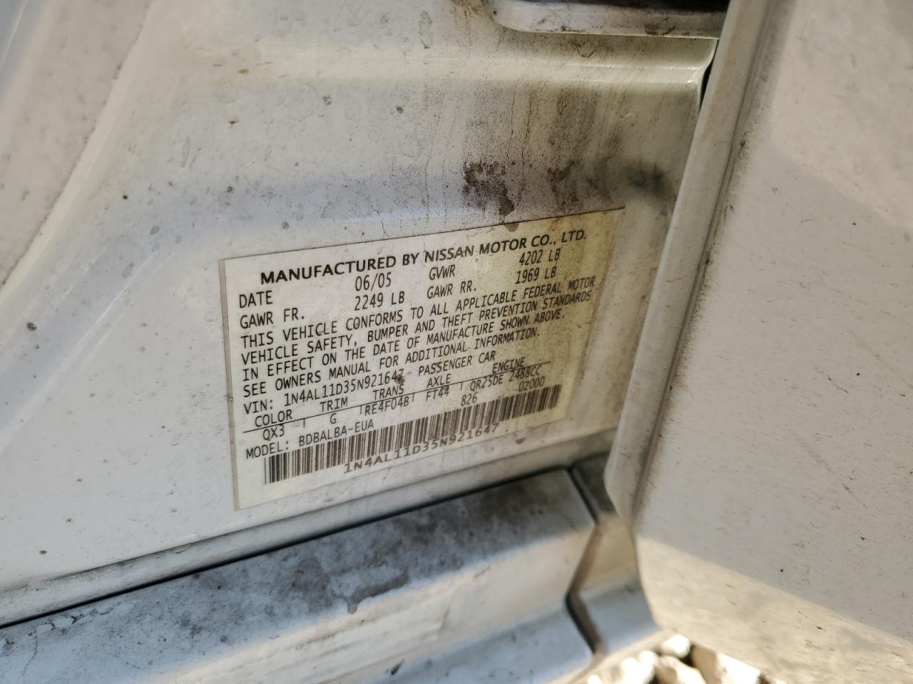 2005 Nissan Altima VIN 1N4AL11D35N921647 Copart auction photo, rear end damage thumbnail 14